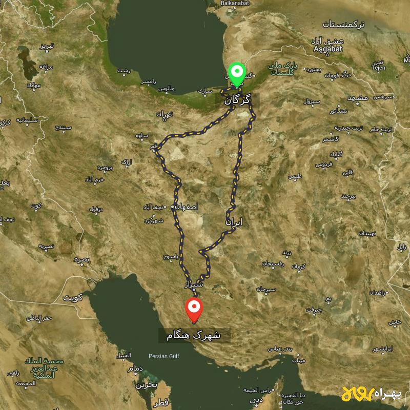 مسافت و فاصله شهرک هنگام - فارس تا گرگان از ۲ مسیر - مرداد ۱۴۰۳
