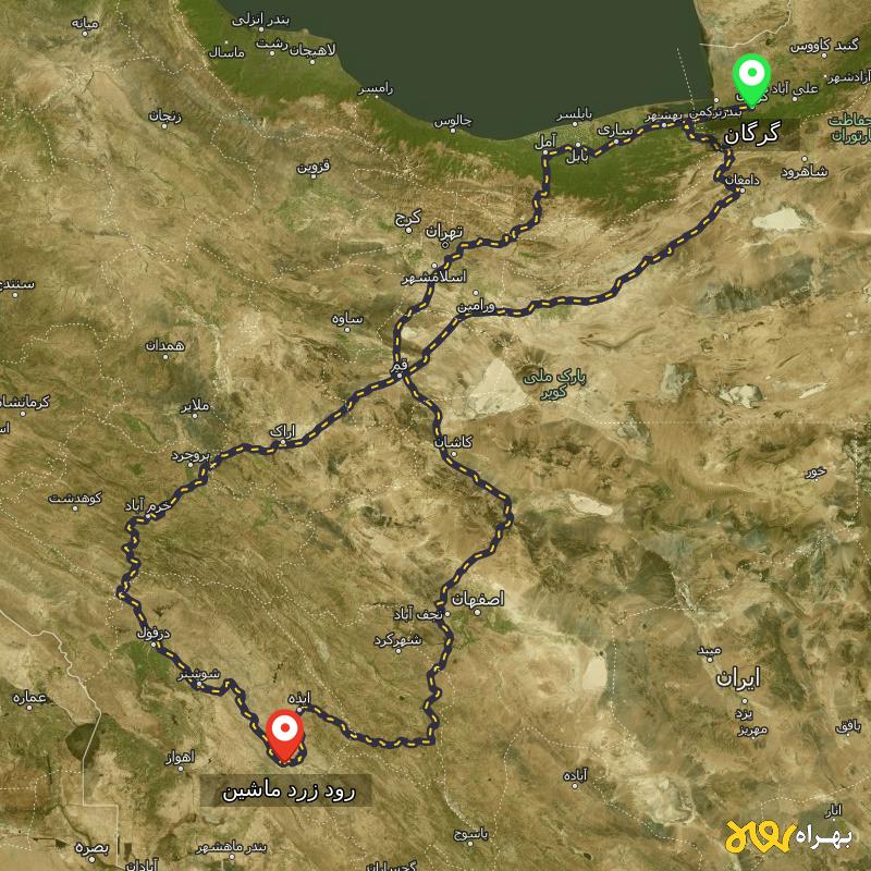 مسافت و فاصله رود زرد ماشین - خوزستان تا گرگان از ۳ مسیر - مرداد ۱۴۰۳
