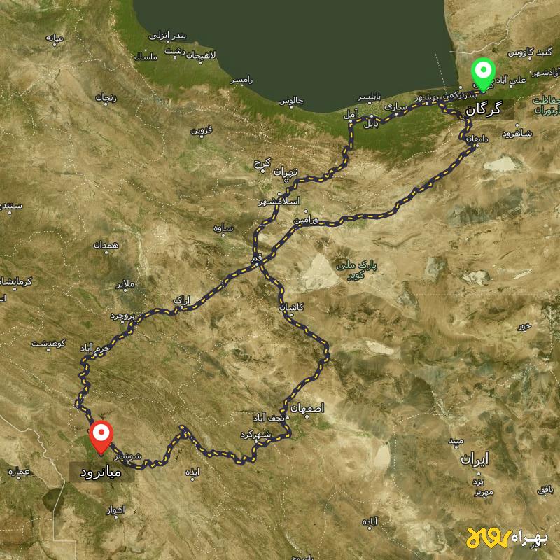 مسافت و فاصله میانرود - خوزستان تا گرگان از ۳ مسیر - شهریور ۱۴۰۳