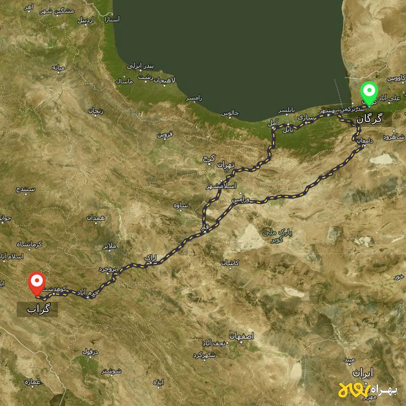 مسافت و فاصله گراب - لرستان تا گرگان از ۲ مسیر - مرداد ۱۴۰۳