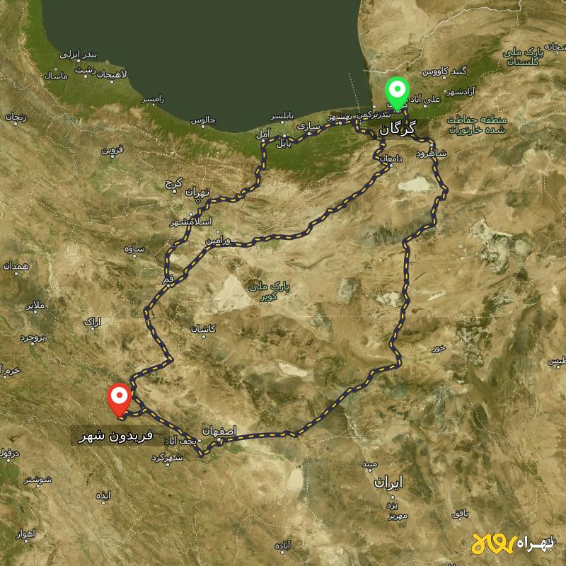 مسافت و فاصله فریدون شهر - اصفهان تا گرگان از ۳ مسیر - آذر ۱۴۰۳