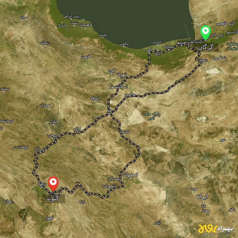 مسافت و فاصله گتوند - خوزستان تا گرگان از ۳ مسیر - شهریور ۱۴۰۳