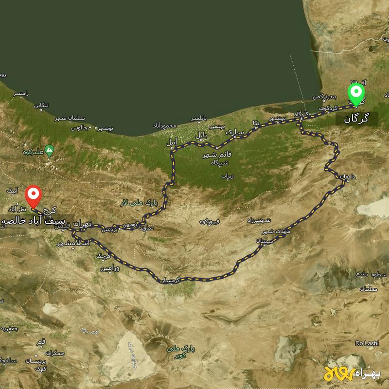 مسافت و فاصله سیف آباد خالصه - البرز تا گرگان از ۲ مسیر - آذر ۱۴۰۳