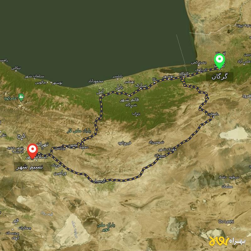 مسافت و فاصله نسیم شهر - تهران تا گرگان از ۲ مسیر - مرداد ۱۴۰۳