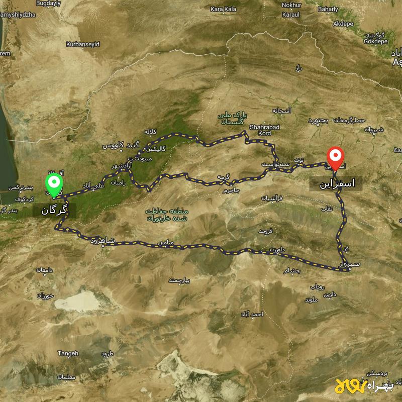 مسافت و فاصله اسفراین - خراسان شمالی تا گرگان از ۳ مسیر - اردیبهشت ۱۴۰۳