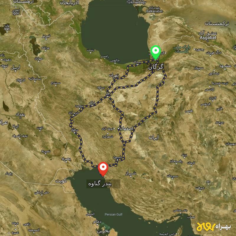 مسافت و فاصله بندر گناوه - بوشهر تا گرگان از 3 مسیر - مسیریاب بهراه