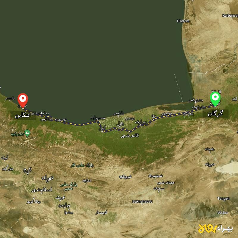 مسافت و فاصله تنکابن - مازندران تا گرگان - مهر ۱۴۰۳