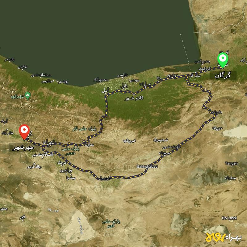 مسافت و فاصله مهرشهر - کرج تا گرگان از ۲ مسیر - اردیبهشت ۱۴۰۳
