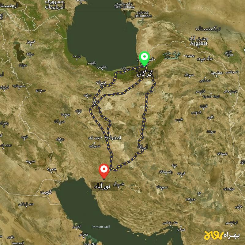 مسافت و فاصله نورآباد - نورآباد ممسنی تا گرگان از ۳ مسیر - بهمن ۱۴۰۳