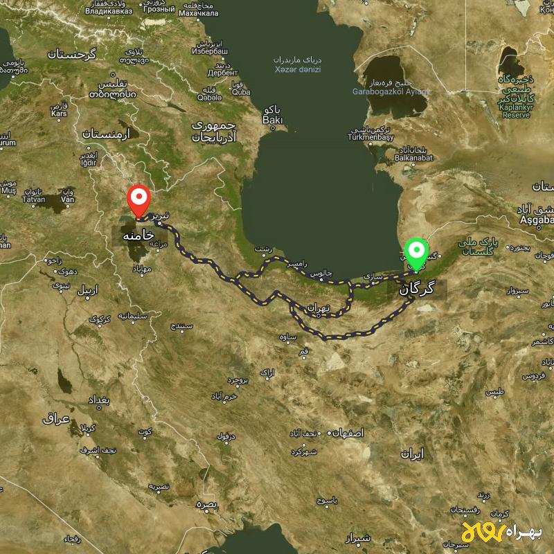 مسافت و فاصله خامنه - آذربایجان شرقی تا گرگان از ۳ مسیر - آذر ۱۴۰۳