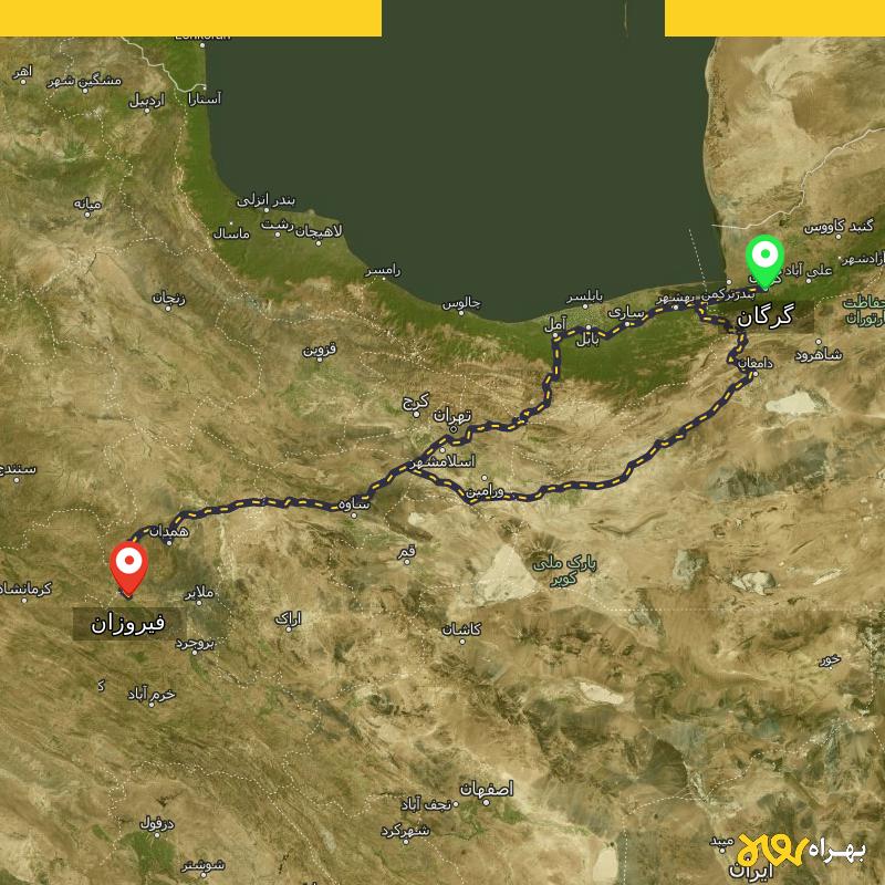 مسافت و فاصله فیروزان - همدان تا گرگان از ۲ مسیر - بهمن ۱۴۰۳
