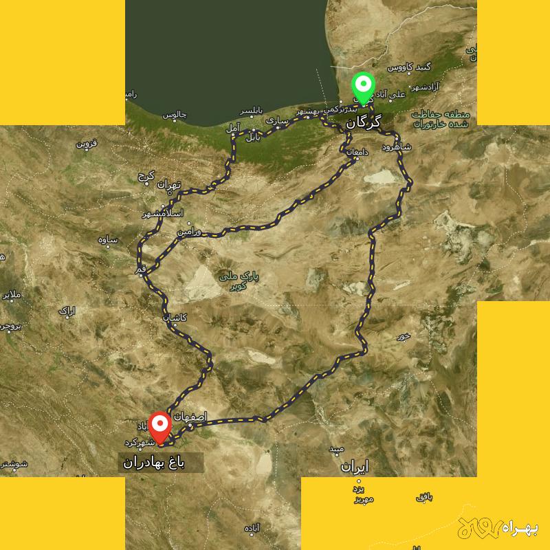 مسافت و فاصله باغ بهادران - اصفهان تا گرگان از ۳ مسیر - آذر ۱۴۰۳