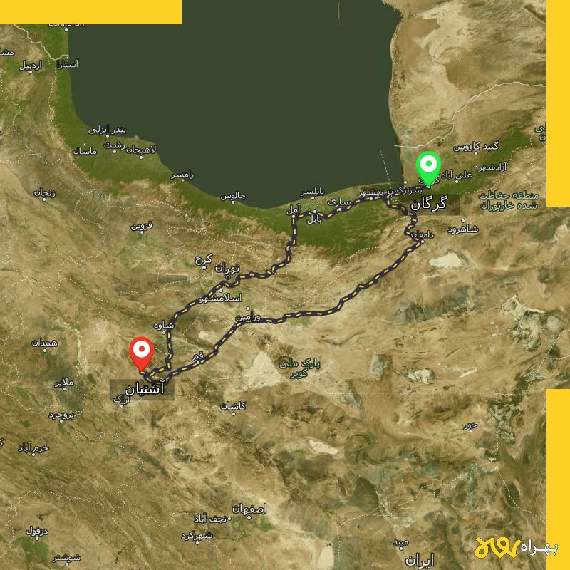 مسافت و فاصله آشتیان - مرکزی تا گرگان از ۲ مسیر - شهریور ۱۴۰۳
