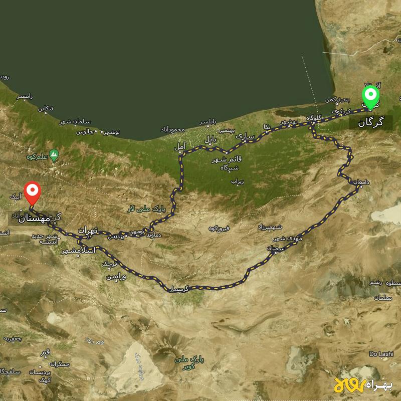 مسافت و فاصله مهستان تا گرگان از ۲ مسیر - آذر ۱۴۰۳