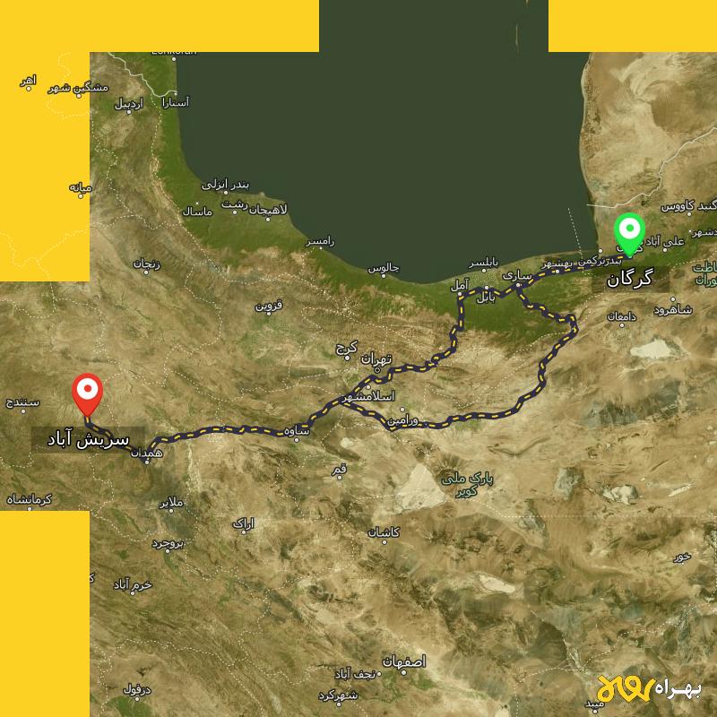 مسافت و فاصله سریش آباد - کردستان تا گرگان از ۲ مسیر - دی ۱۴۰۳