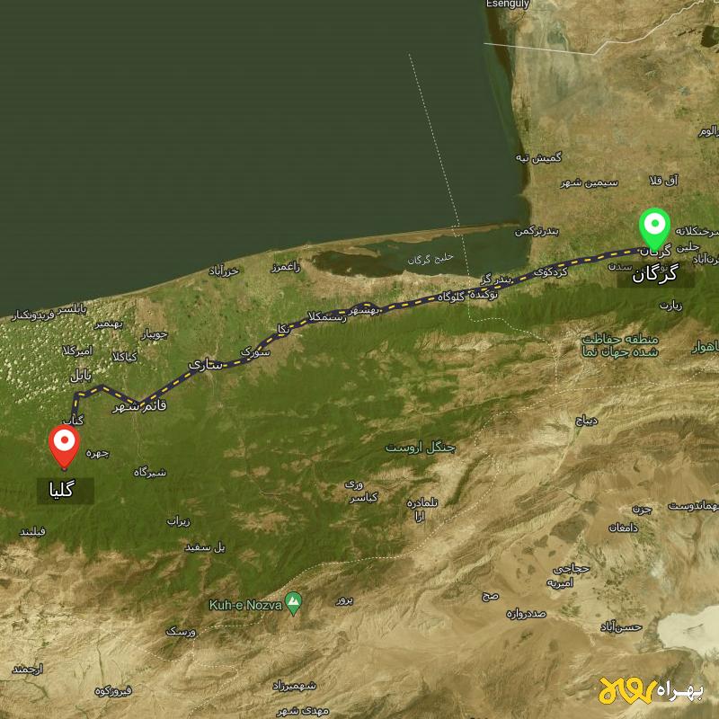 مسافت و فاصله گلیا - مازندران تا گرگان - شهریور ۱۴۰۳