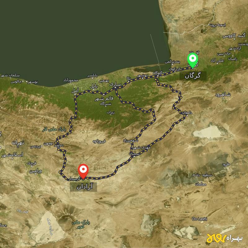 مسافت و فاصله آرادان - سمنان تا گرگان از ۳ مسیر - دی ۱۴۰۳