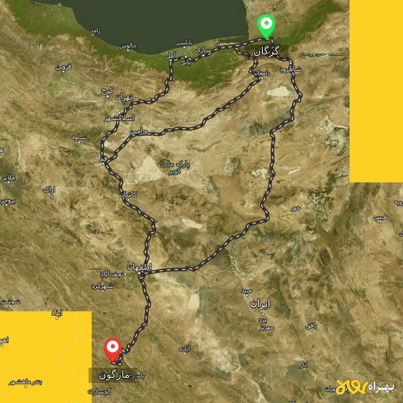 مسافت و فاصله مارگون - کهگیلویه و بویر احمد تا گرگان از ۳ مسیر - دی ۱۴۰۳