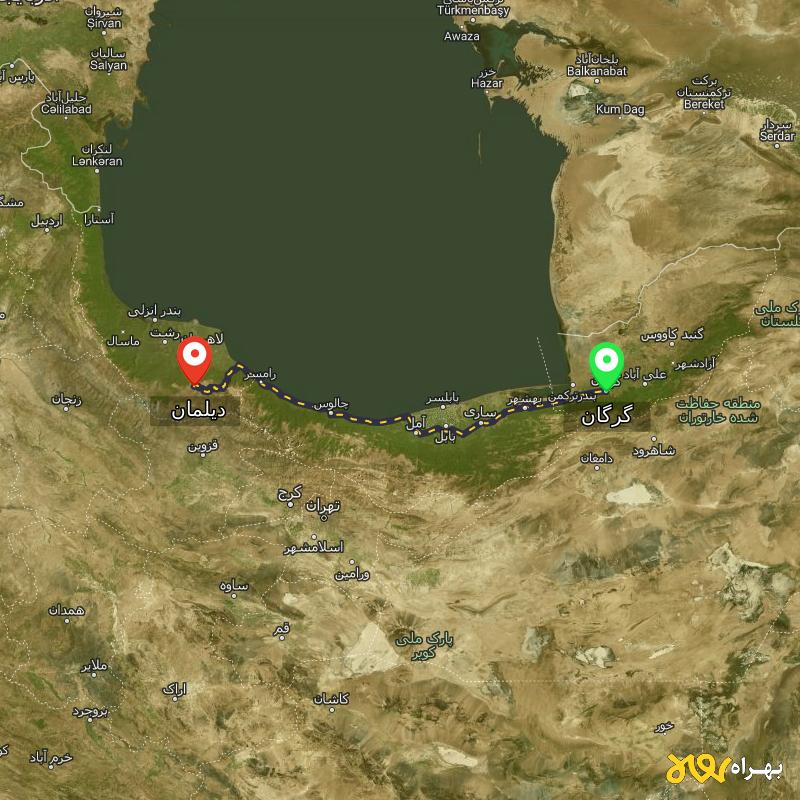 مسافت و فاصله دیلمان - گیلان تا گرگان - مرداد ۱۴۰۳