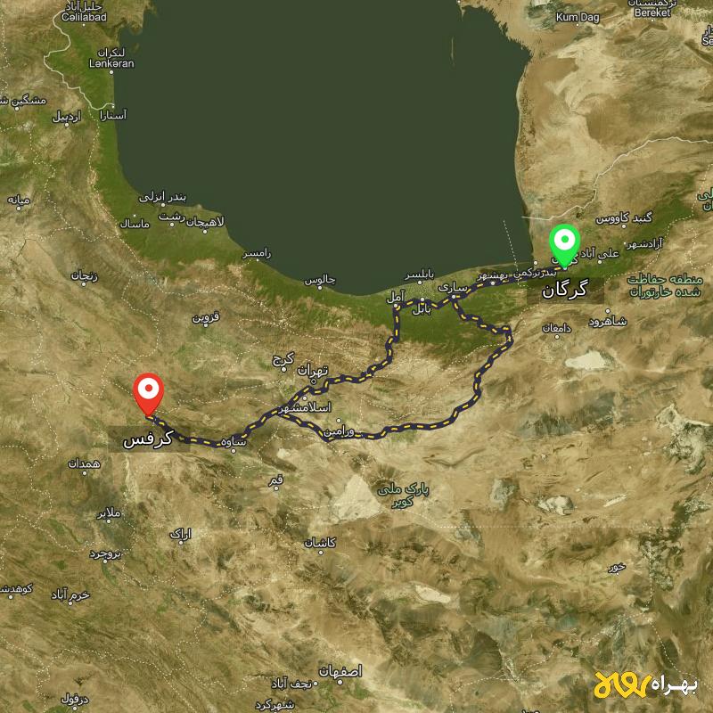مسافت و فاصله کرفس - همدان تا گرگان از ۲ مسیر - آذر ۱۴۰۳
