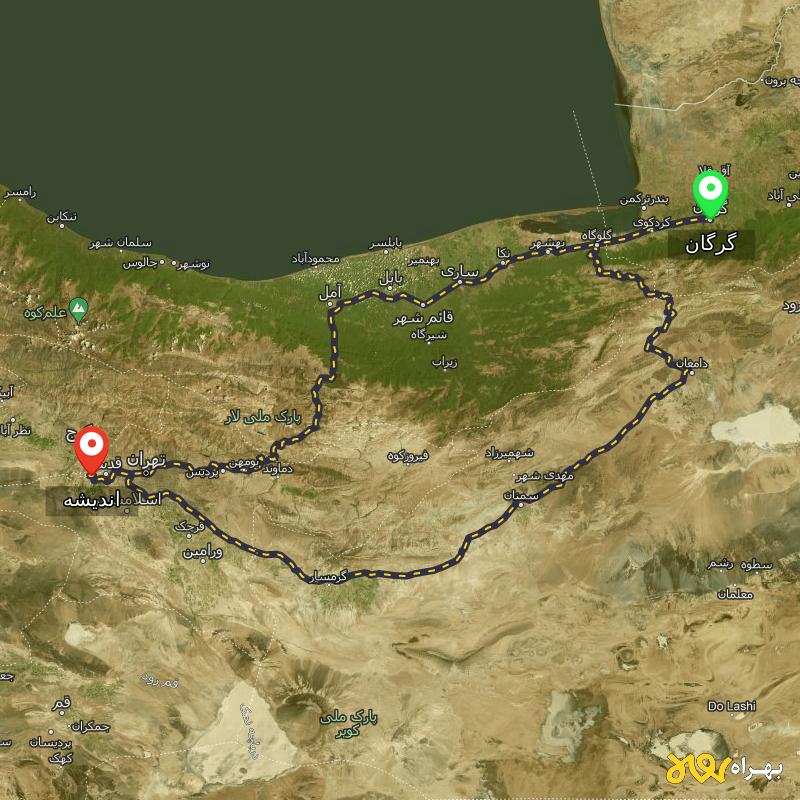 مسافت و فاصله اندیشه تا گرگان از ۲ مسیر - بهمن ۱۴۰۳