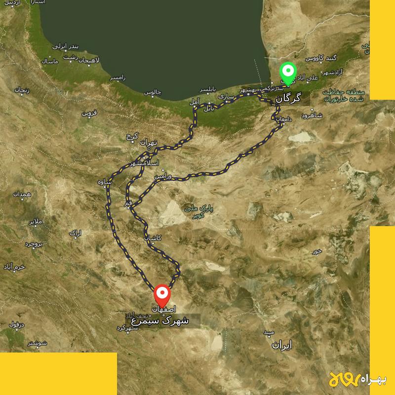 مسافت و فاصله شهرک سیمرغ - اصفهان تا گرگان از ۳ مسیر - مرداد ۱۴۰۳