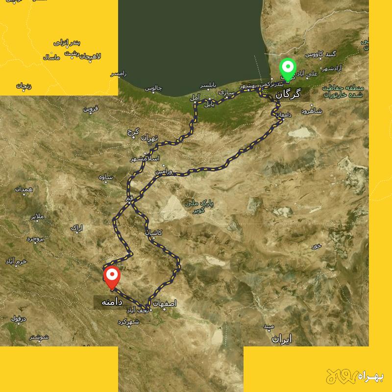مسافت و فاصله دامنه - اصفهان تا گرگان از ۳ مسیر - دی ۱۴۰۳