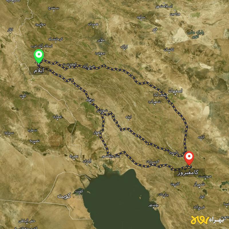 مسافت و فاصله کامفیروز - فارس تا ایلام از ۳ مسیر - مرداد ۱۴۰۳