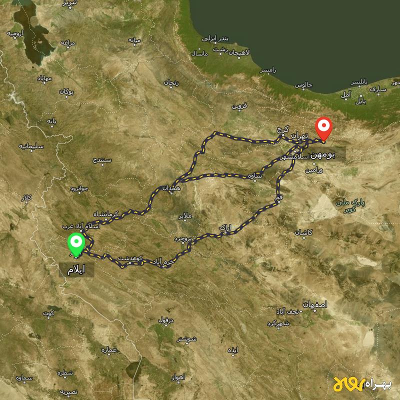 مسافت و فاصله بومهن - تهران تا ایلام از ۳ مسیر - آبان ۱۴۰۳