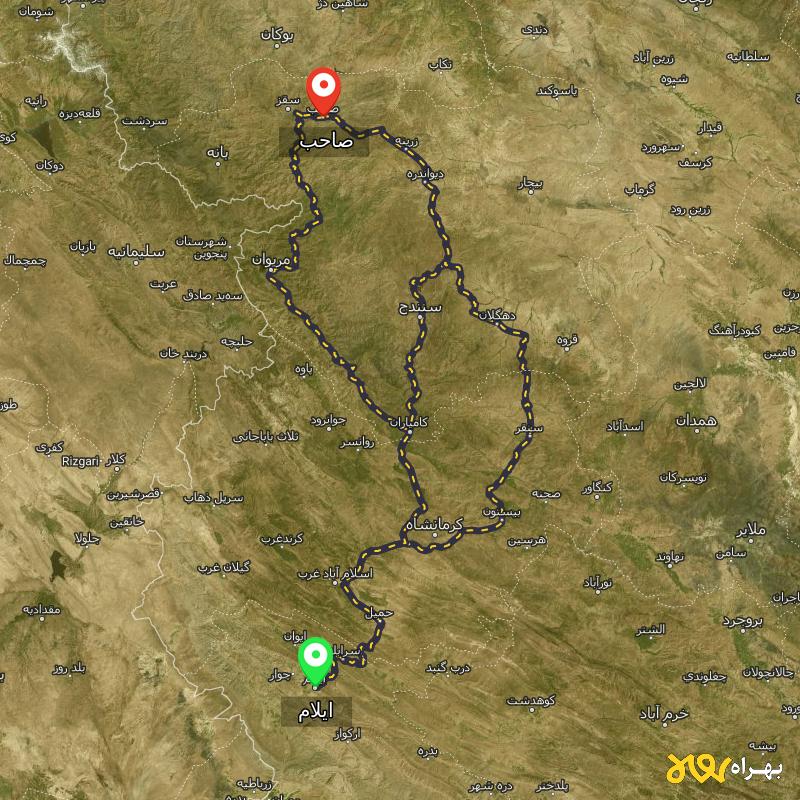 مسافت و فاصله صاحب - کردستان تا ایلام از ۳ مسیر - مرداد ۱۴۰۳