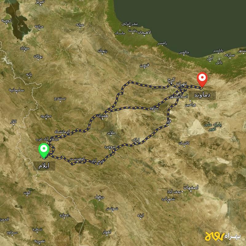 مسافت و فاصله دماوند - تهران تا ایلام از ۳ مسیر - آذر ۱۴۰۳