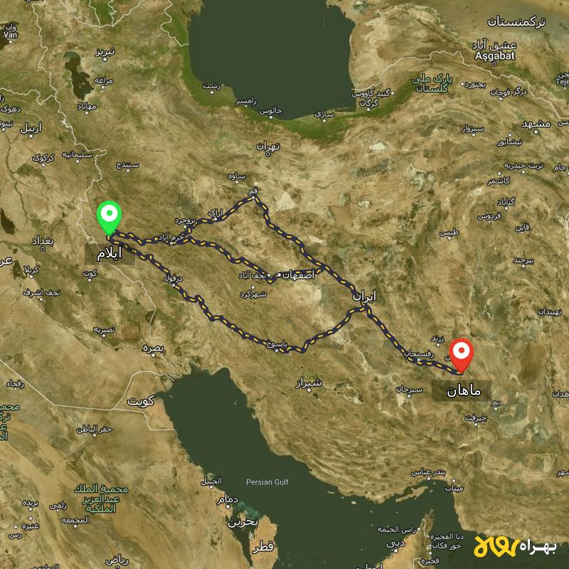 مسافت و فاصله ماهان - کرمان تا ایلام از ۳ مسیر - مرداد ۱۴۰۳