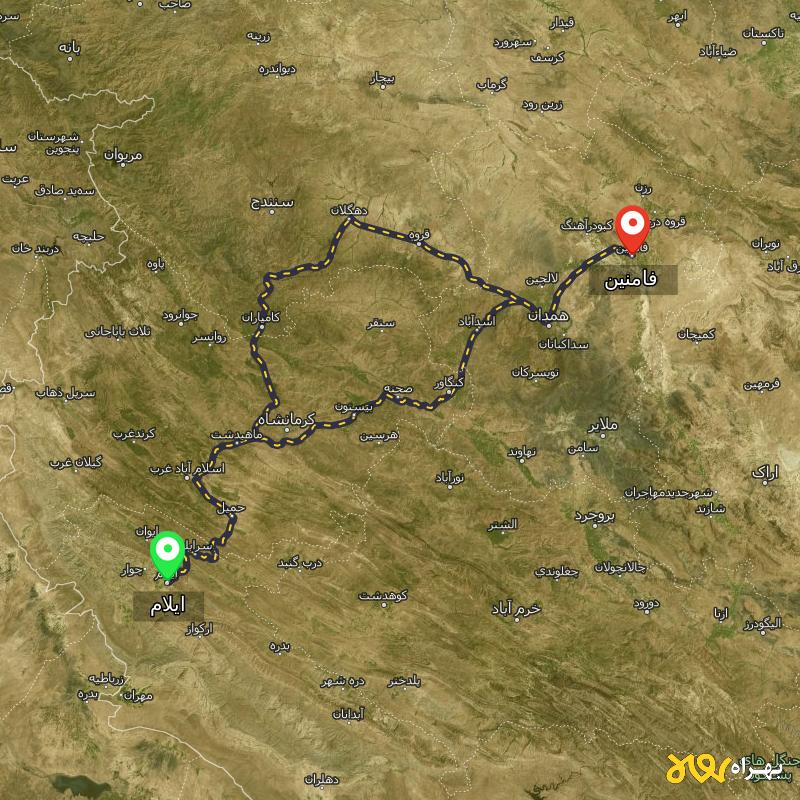 مسافت و فاصله فامنین - همدان تا ایلام از ۲ مسیر - آبان ۱۴۰۳