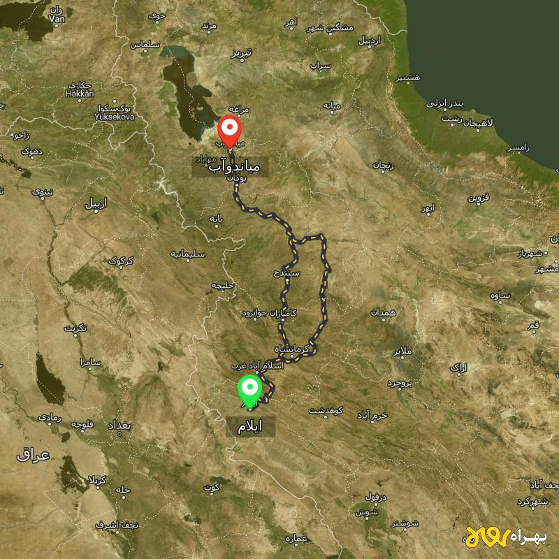مسافت و فاصله میاندوآب - آذربایجان غربی تا ایلام از 2 مسیر - مسیریاب بهراه