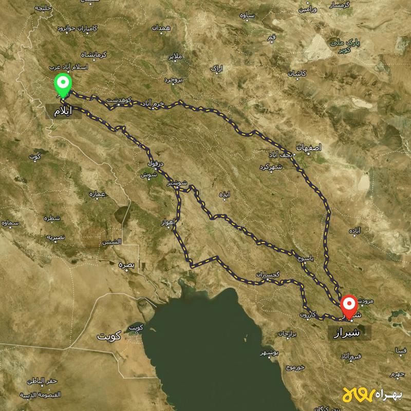 مسافت و فاصله شیراز تا ایلام از 3 مسیر - مسیریاب بهراه