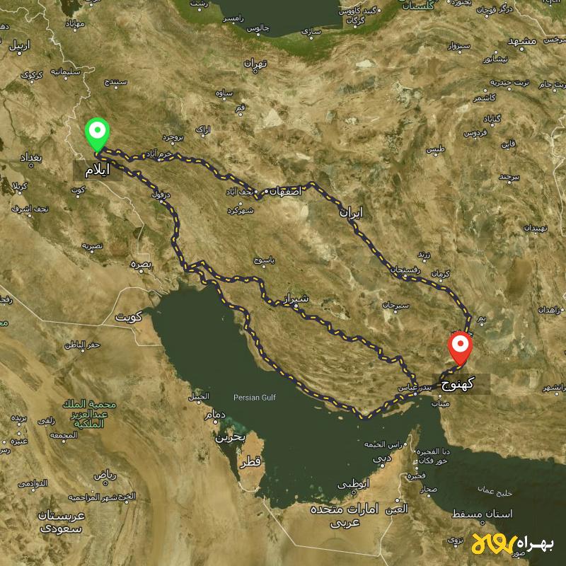 مسافت و فاصله کهنوج - کرمان تا ایلام از ۳ مسیر - اسفند ۱۴۰۳