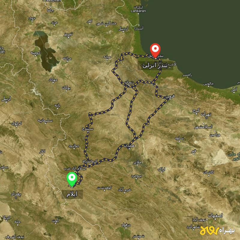 مسافت و فاصله بندر انزلی تا ایلام از ۳ مسیر - مرداد ۱۴۰۳