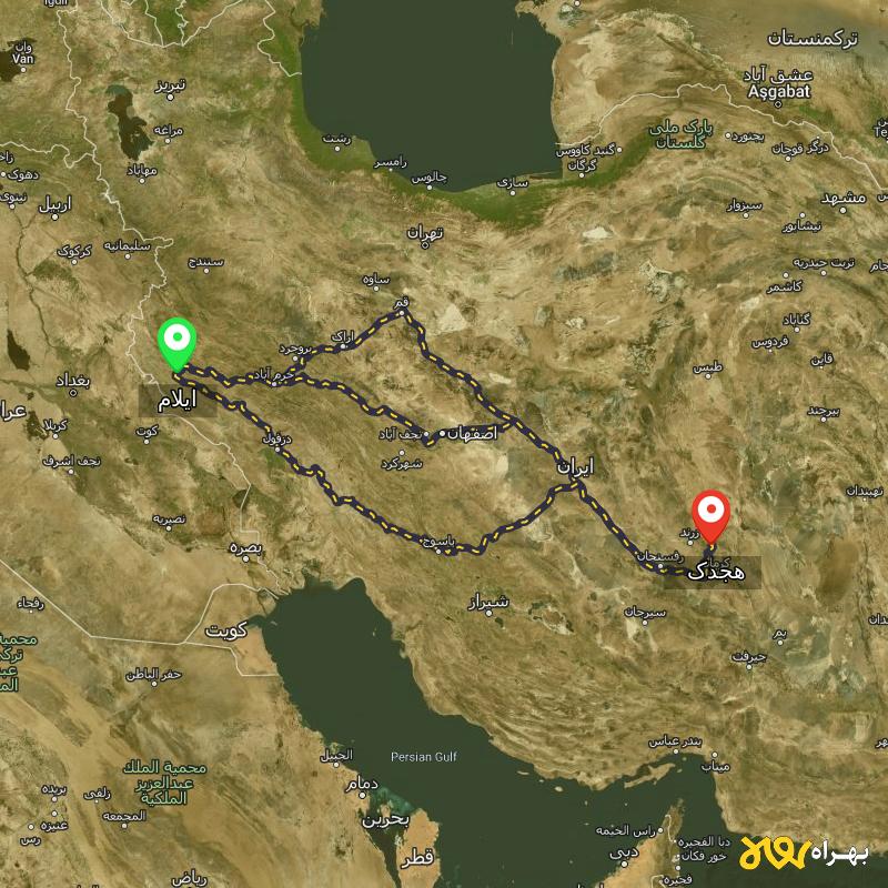 مسافت و فاصله هجدک - کرمان تا ایلام از ۳ مسیر - مرداد ۱۴۰۳