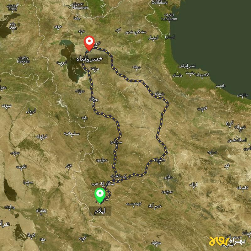 مسافت و فاصله خسروشاه - آذربایجان شرقی تا ایلام از ۲ مسیر - دی ۱۴۰۳