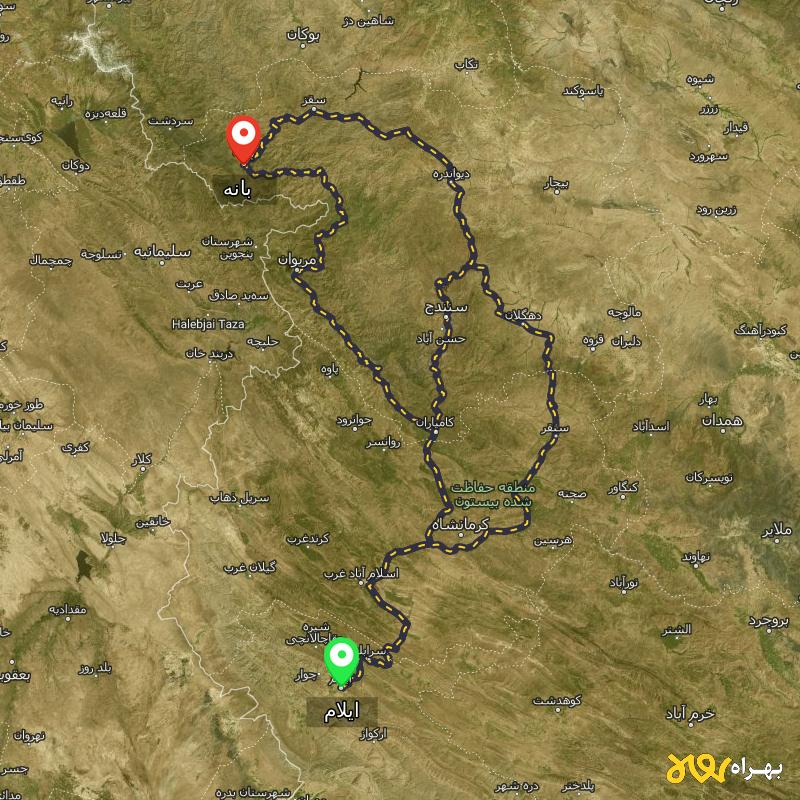 مسافت و فاصله بانه - کردستان تا ایلام از 3 مسیر - مسیریاب بهراه