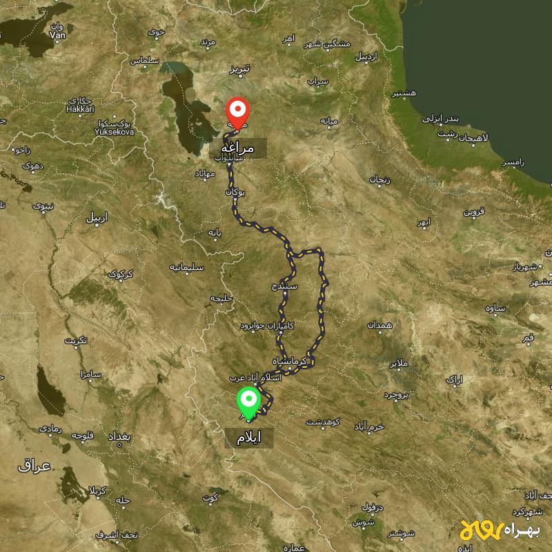 مسافت و فاصله مراغه - آذربایجان شرقی تا ایلام از ۲ مسیر - اردیبهشت ۱۴۰۳