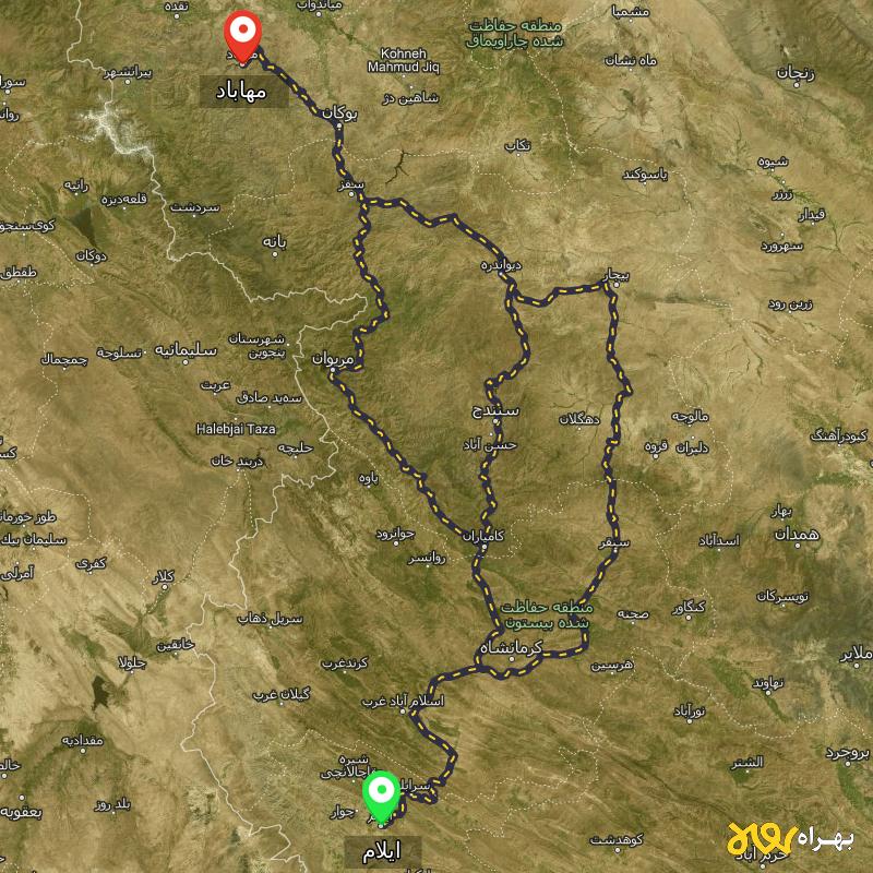 مسافت و فاصله مهاباد - آذربایجان غربی تا ایلام از ۳ مسیر - اردیبهشت ۱۴۰۳