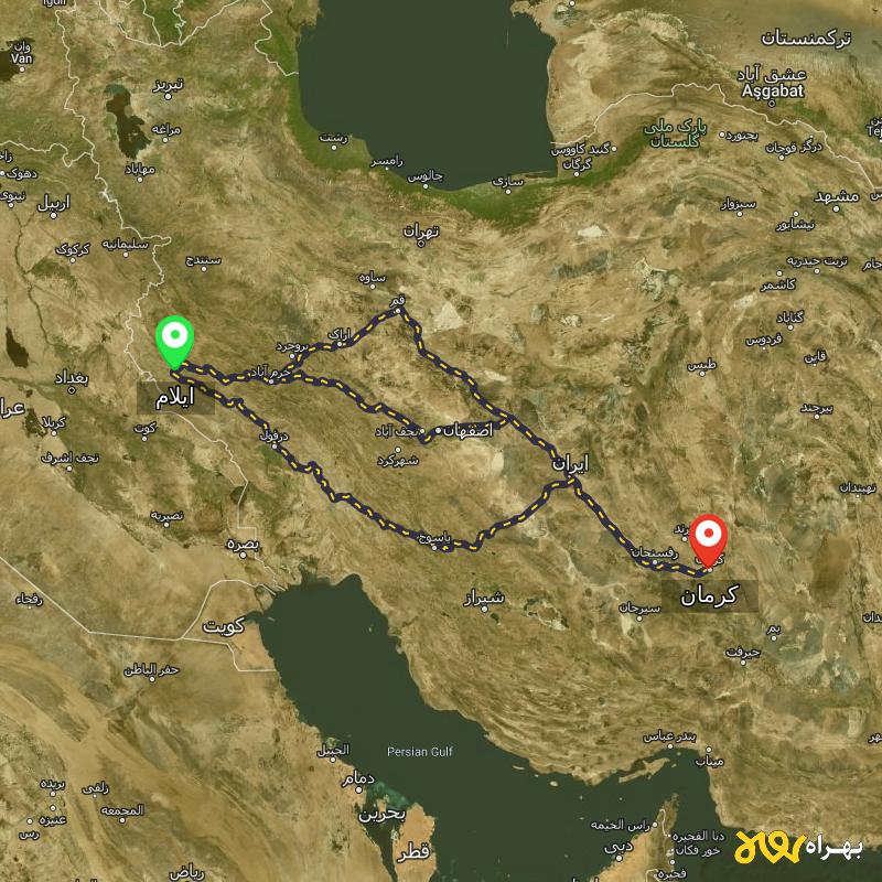 مسافت و فاصله کرمان تا ایلام از ۳ مسیر - مرداد ۱۴۰۳