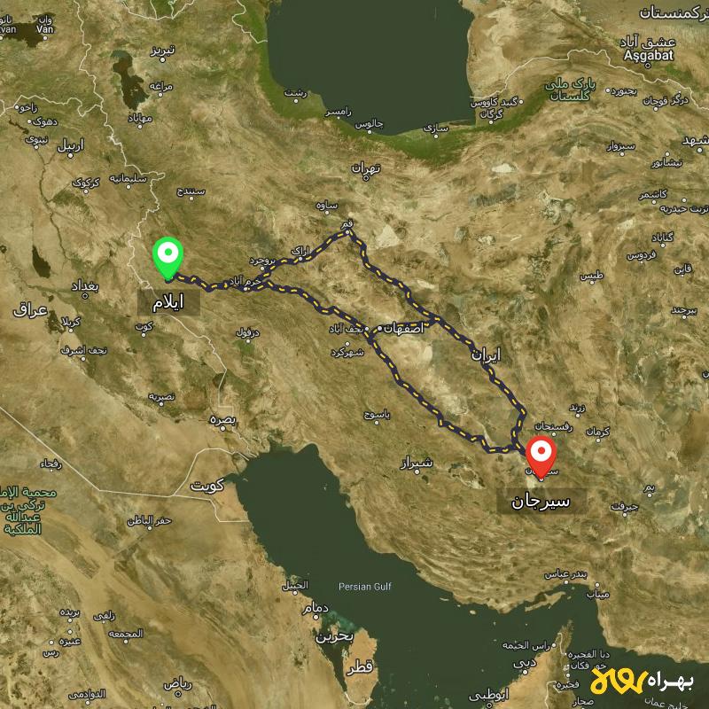 مسافت و فاصله سیرجان تا ایلام از ۳ مسیر - آذر ۱۴۰۳
