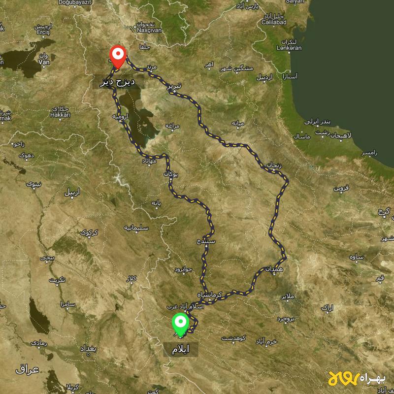 مسافت و فاصله دیزج دیز - آذربایجان غربی تا ایلام از ۲ مسیر - مهر ۱۴۰۳