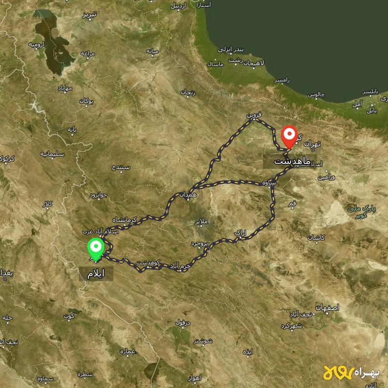 مسافت و فاصله ماهدشت - البرز تا ایلام از ۳ مسیر - مرداد ۱۴۰۳