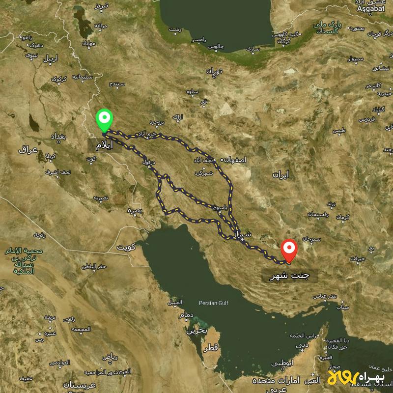 مسافت و فاصله جنت شهر - فارس تا ایلام از ۳ مسیر - دی ۱۴۰۳