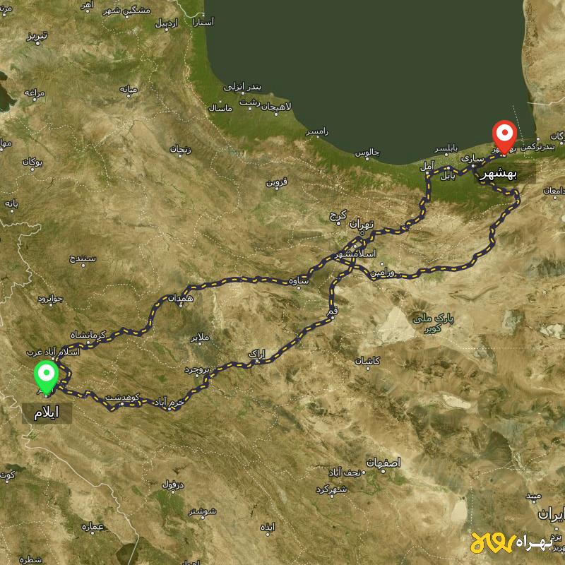 مسافت و فاصله بهشهر - مازندران تا ایلام از ۳ مسیر - آذر ۱۴۰۳