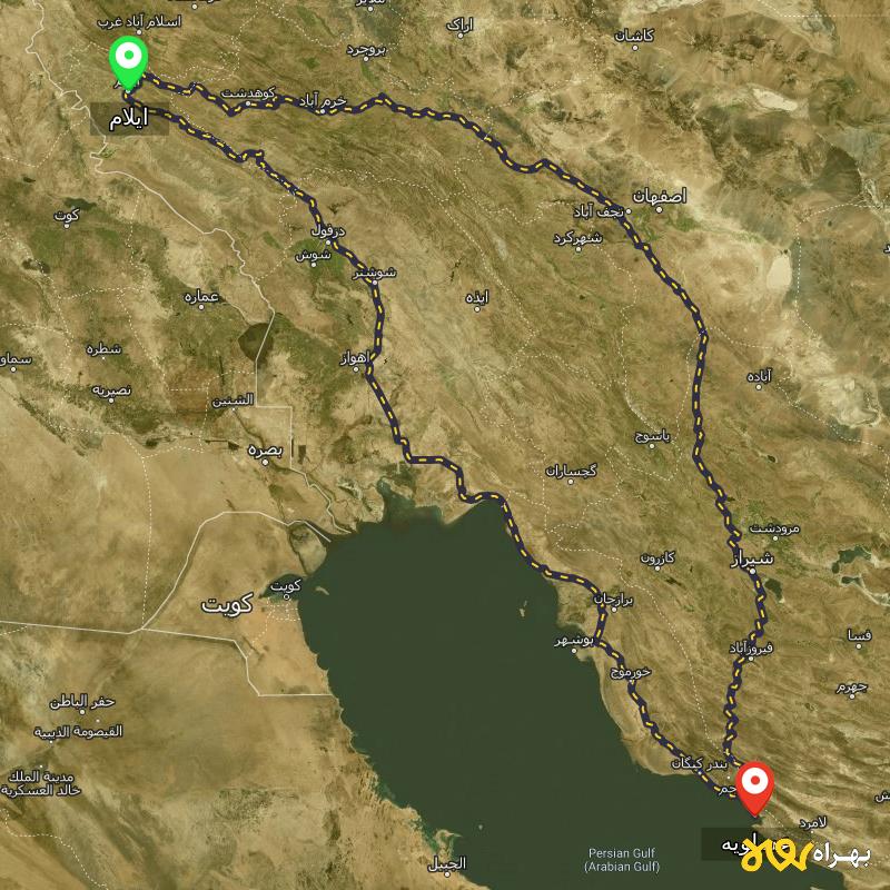 مسافت و فاصله عسلویه - بوشهر تا ایلام از 2 مسیر - مسیریاب بهراه