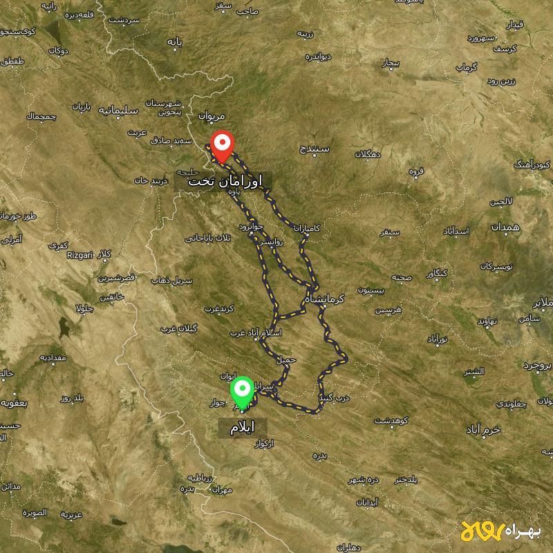 مسافت و فاصله اورامان تخت - کردستان تا ایلام از ۳ مسیر - مرداد ۱۴۰۳